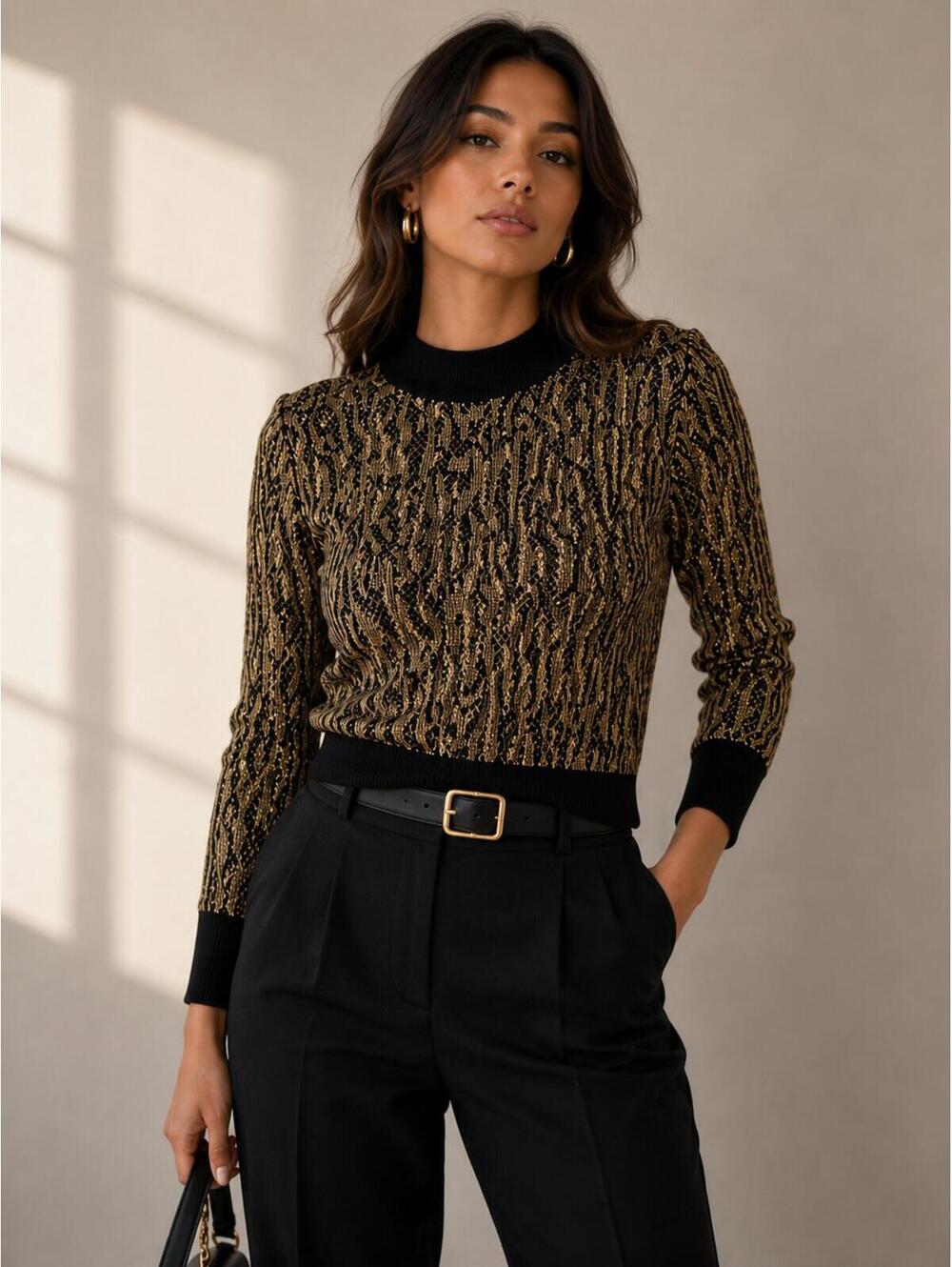 NWT Black Gold Animal Jacquard Sweater |Quiet Luxury Office Siren Knit Top Small